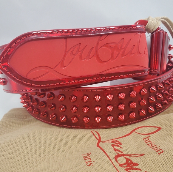 NWT$590 Louboutin Mens Loubi Sneaker Spiked Red Belt Sz 110cm, 44" - Picture 2 of 16